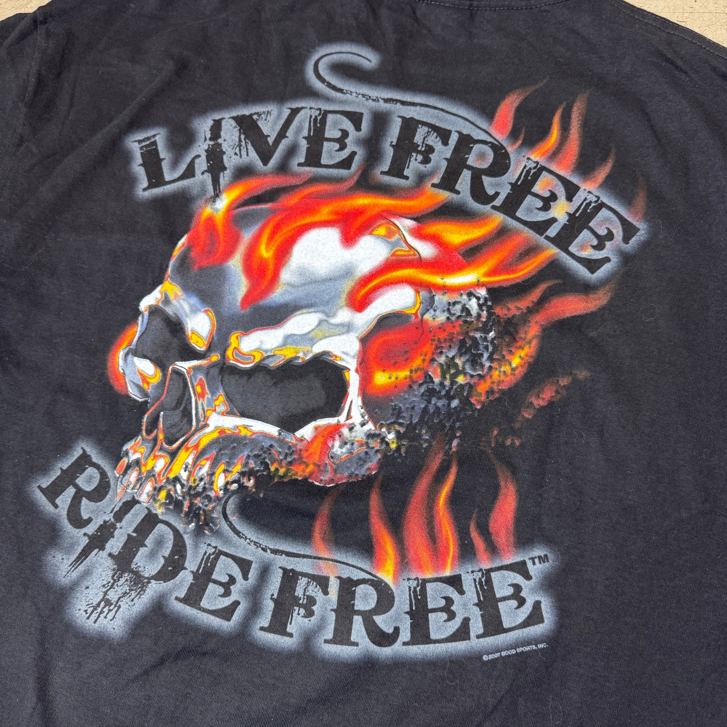 (XL) Biker Skull Flames Live Free Ride Free T-Shirt schwarz