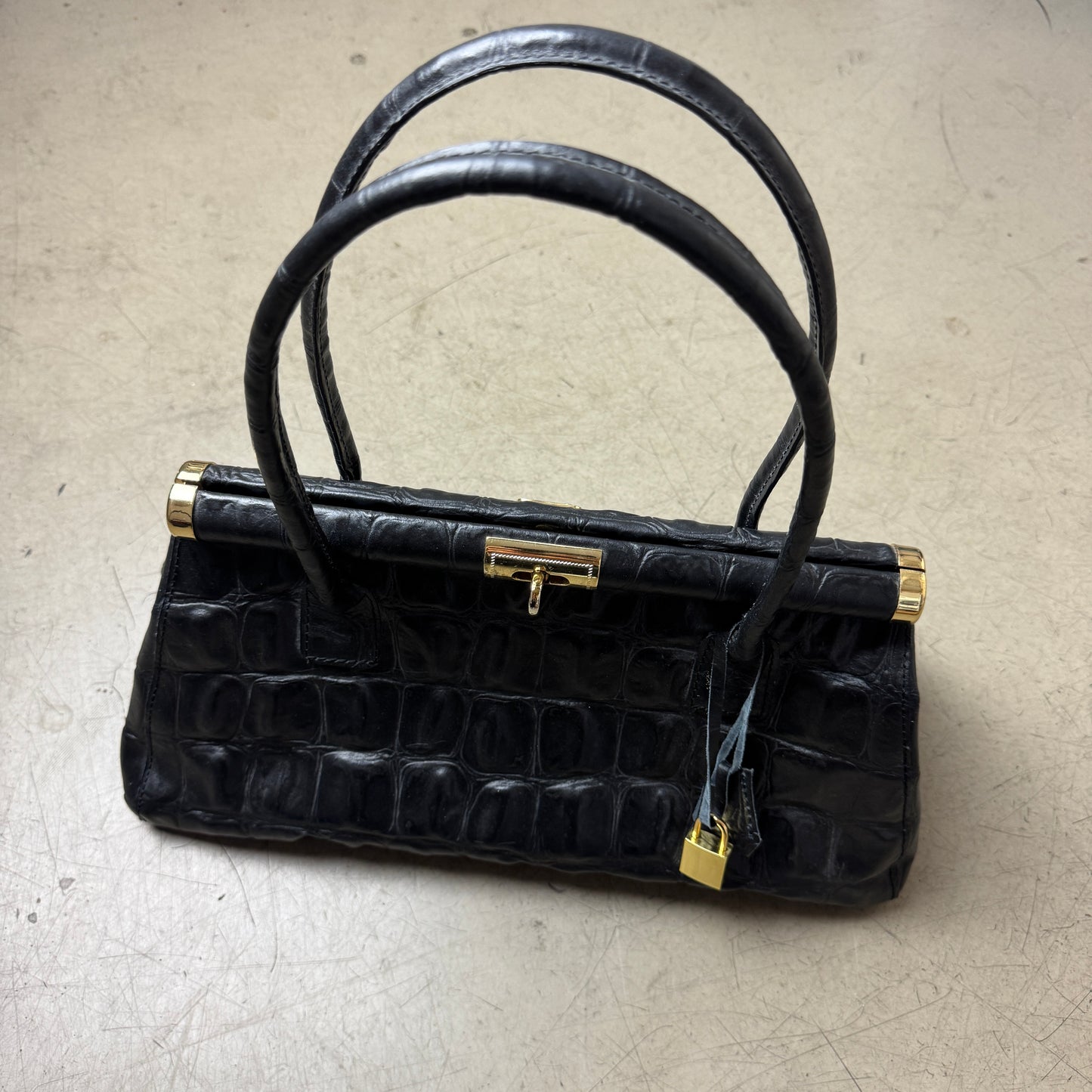 Vintage Croco Prägung Leder Handtasche schwarz