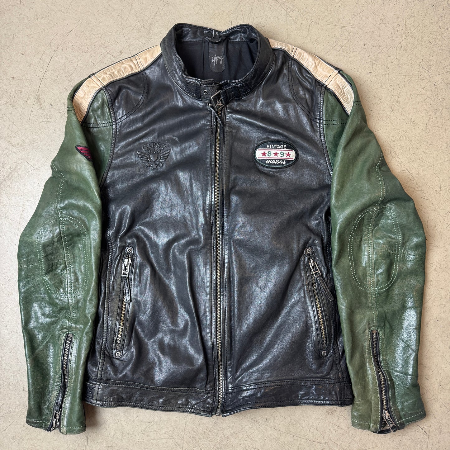(L-XL) Gipsy Lederjacke Racing dunkelgrün schwarz