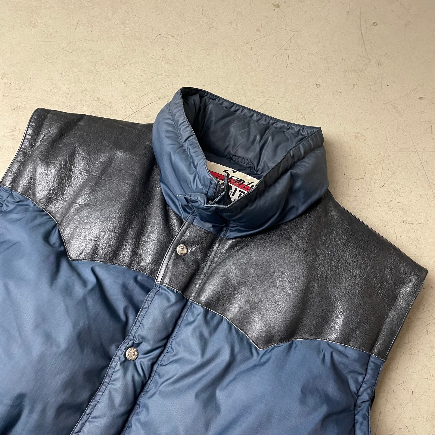 (XL) Vintage Mauritius Puffer Leder Daunenweste Navy blau schwarz