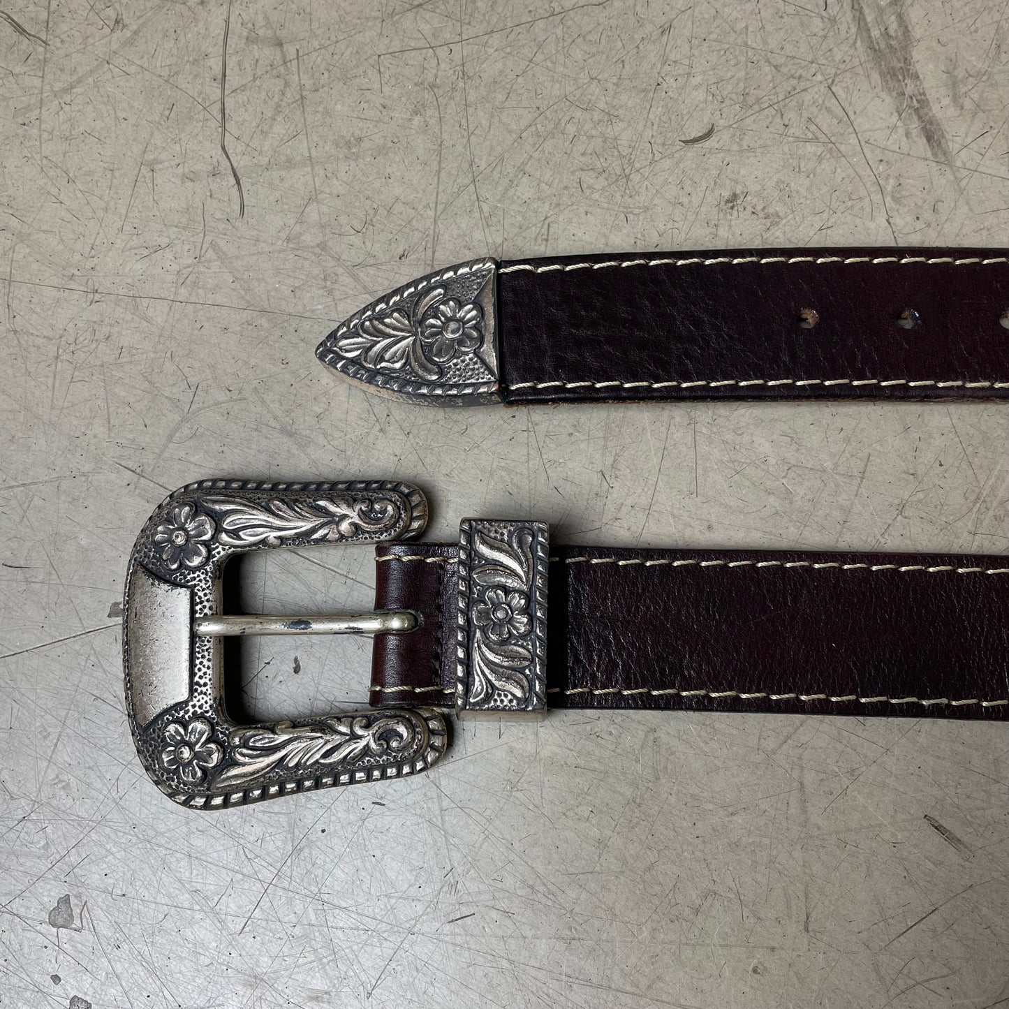Vintage Western Ledergürtel dunkelbraun Brass Schnalle 108cm
