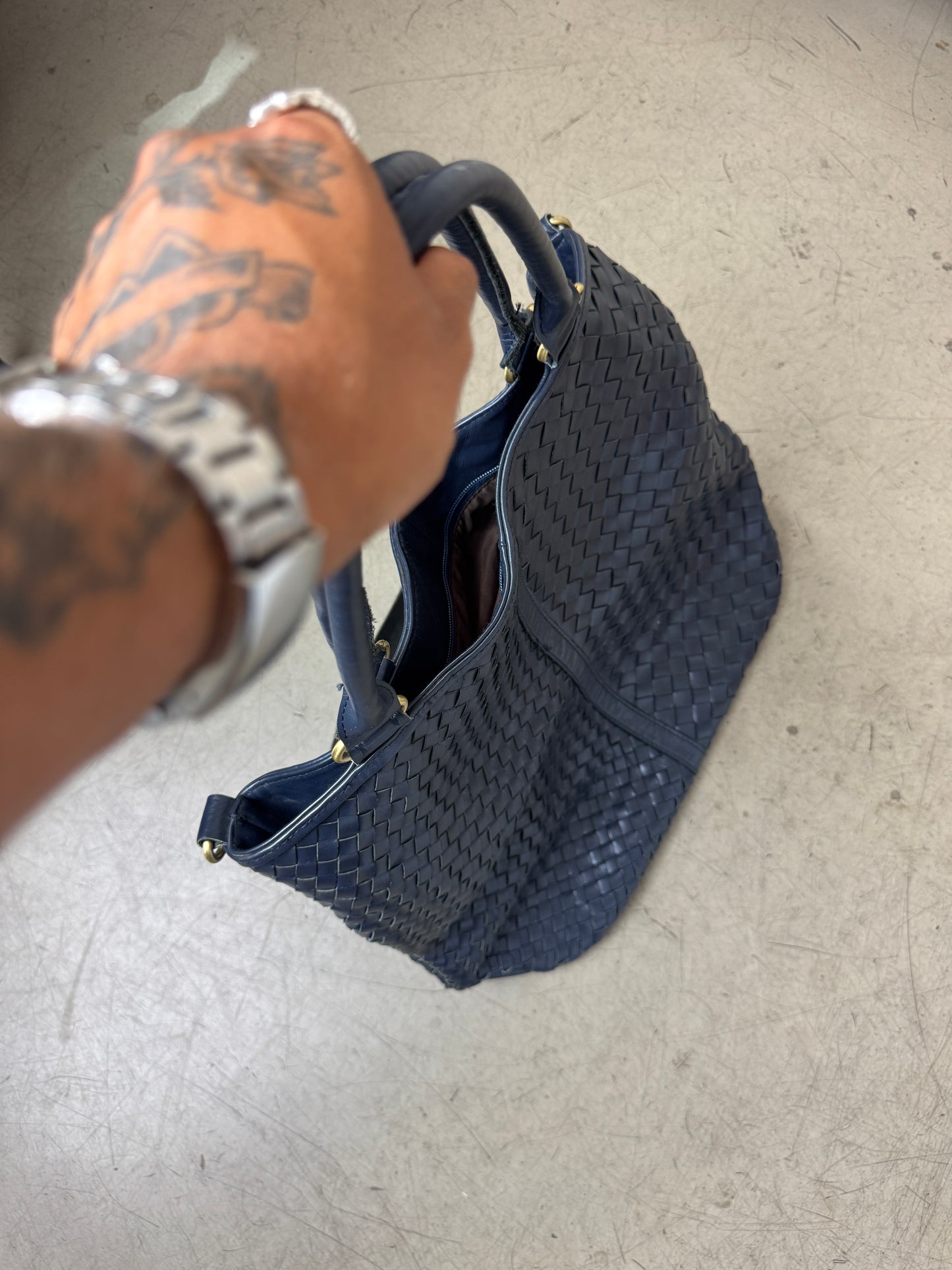 Woven Leather Bag Navy blau