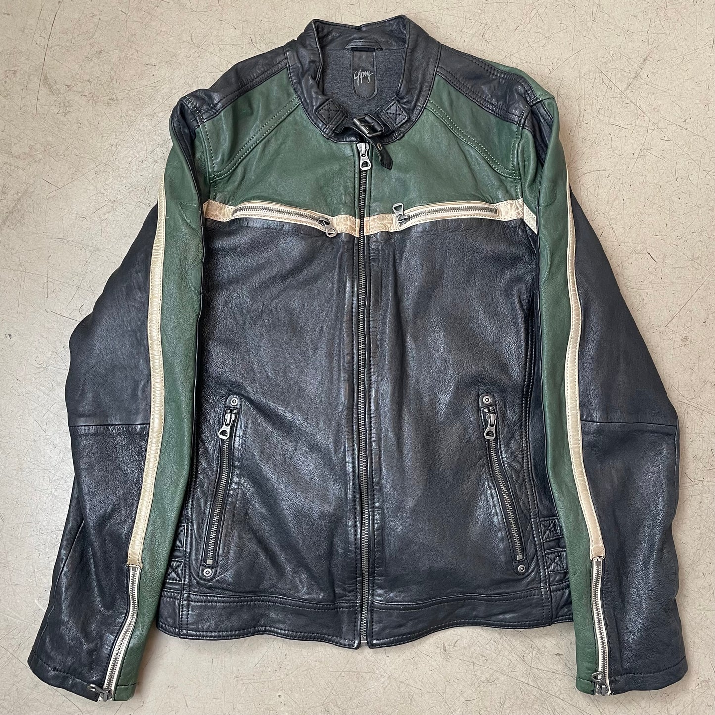 (L) Gipsy Racing Lederjacke grün schwarz