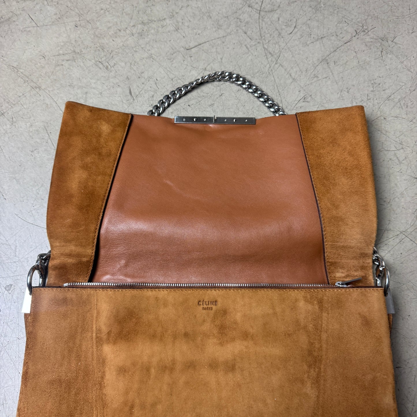 Céline Wildleder Leder Handtasche Clutch Bag Silber braun