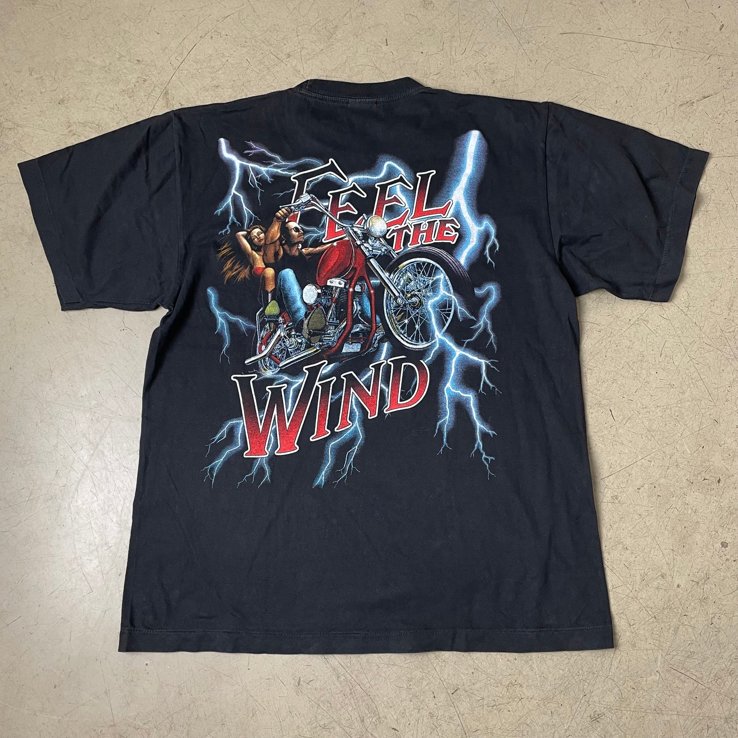 (XL) 1990s Biker „Feel the Wind“ Thunder Single Stich Tshirt schwarz