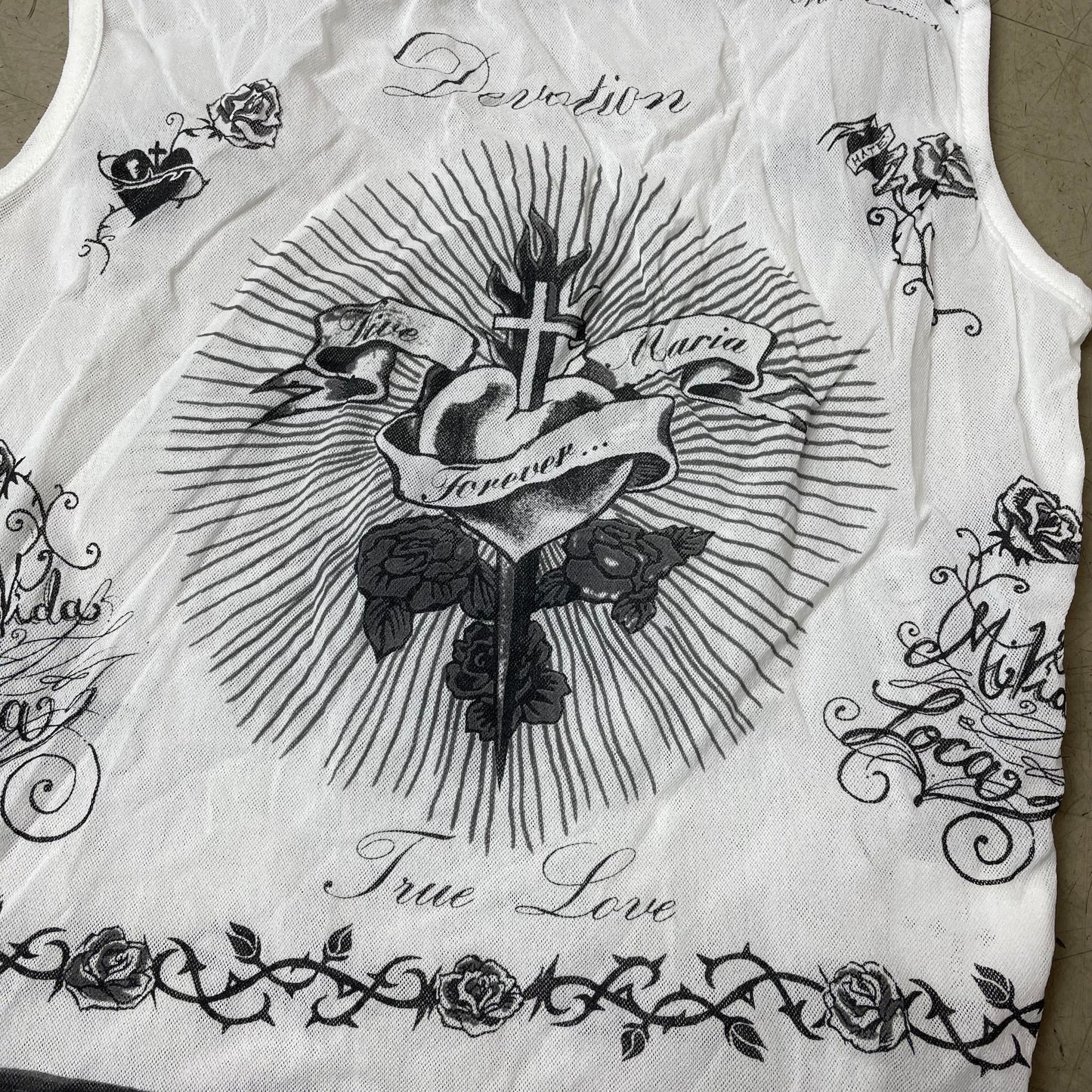 (S) 2000s Vive Maria Mesh Print Shirt Top „Heart & Dagger“ weiß schwarz
