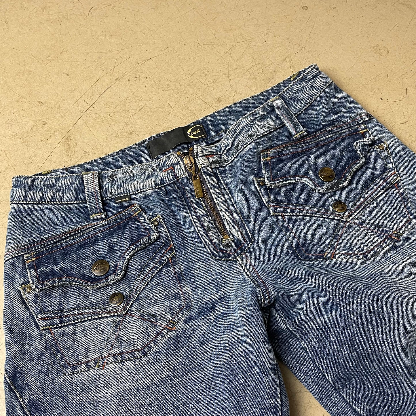 (S-M) 2000s Just Cavalli Low Waist 3/4 Jeanshose blau Cow Hide 26 40