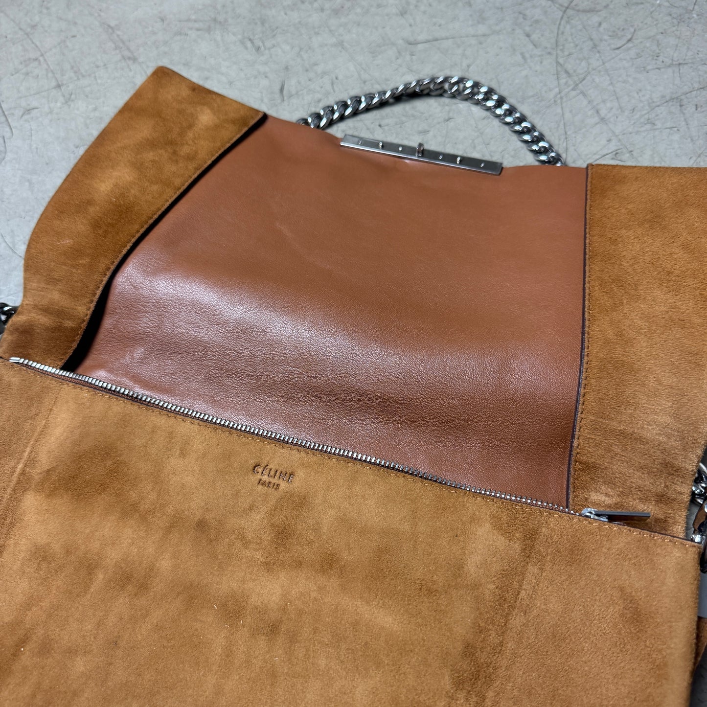 Céline Wildleder Leder Handtasche Clutch Bag Silber braun