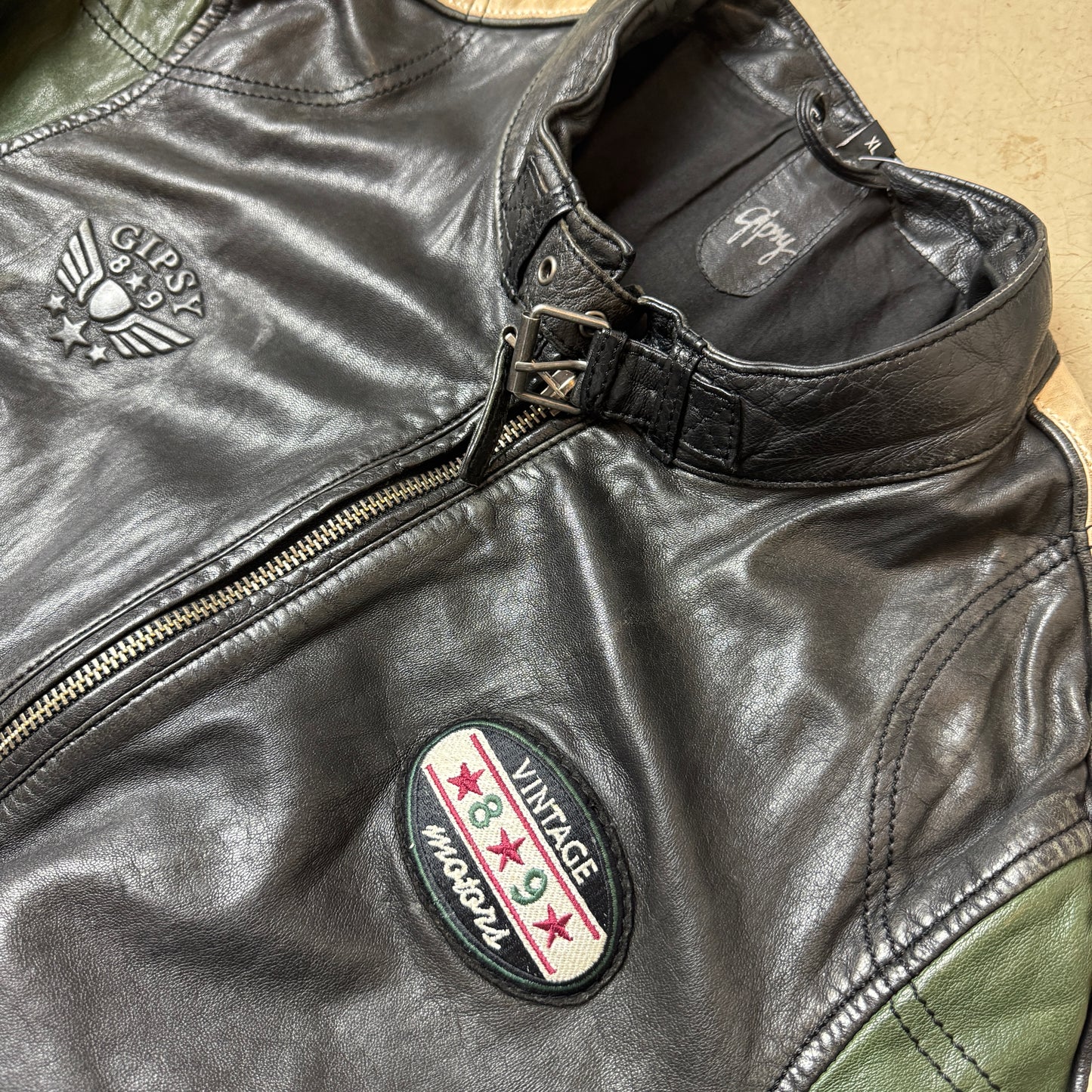 (L-XL) Gipsy Lederjacke Racing dunkelgrün schwarz
