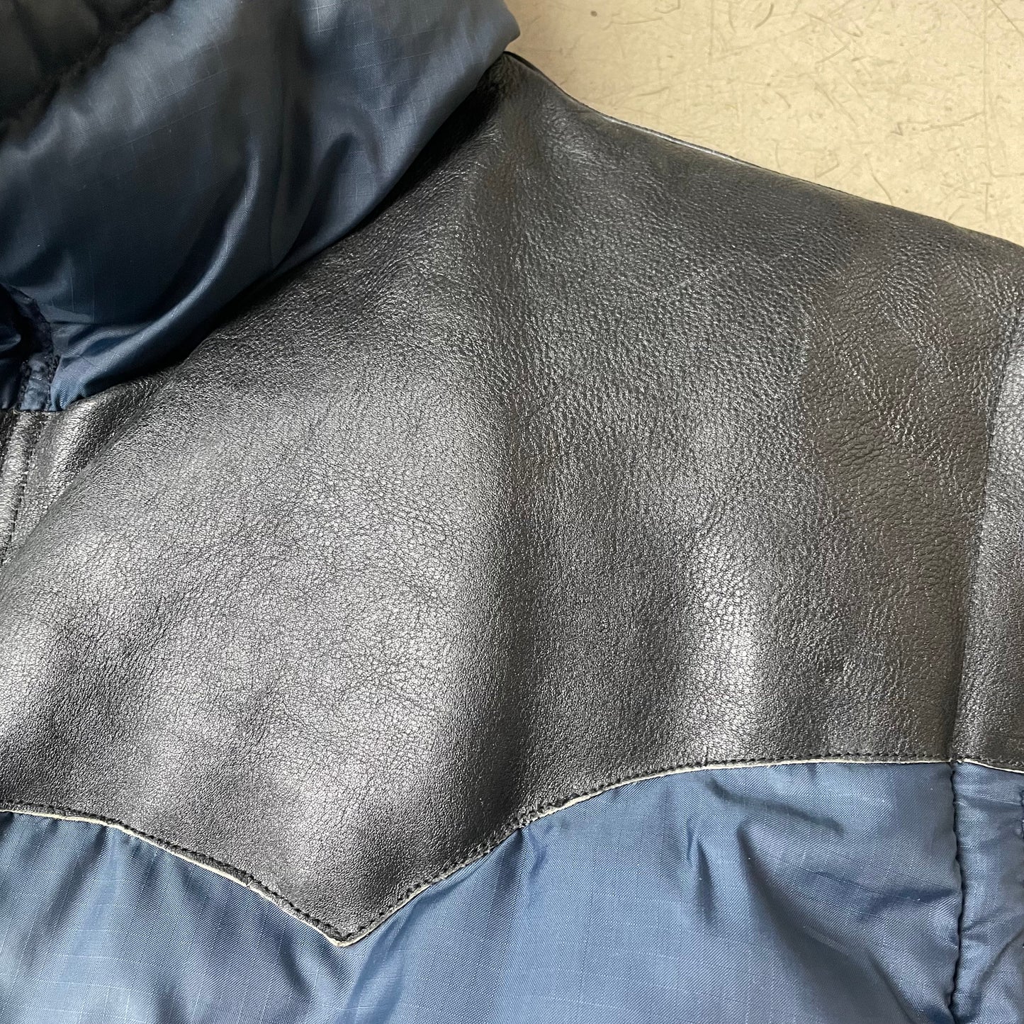 (XL) Vintage Mauritius Puffer Leder Daunenweste Navy blau schwarz