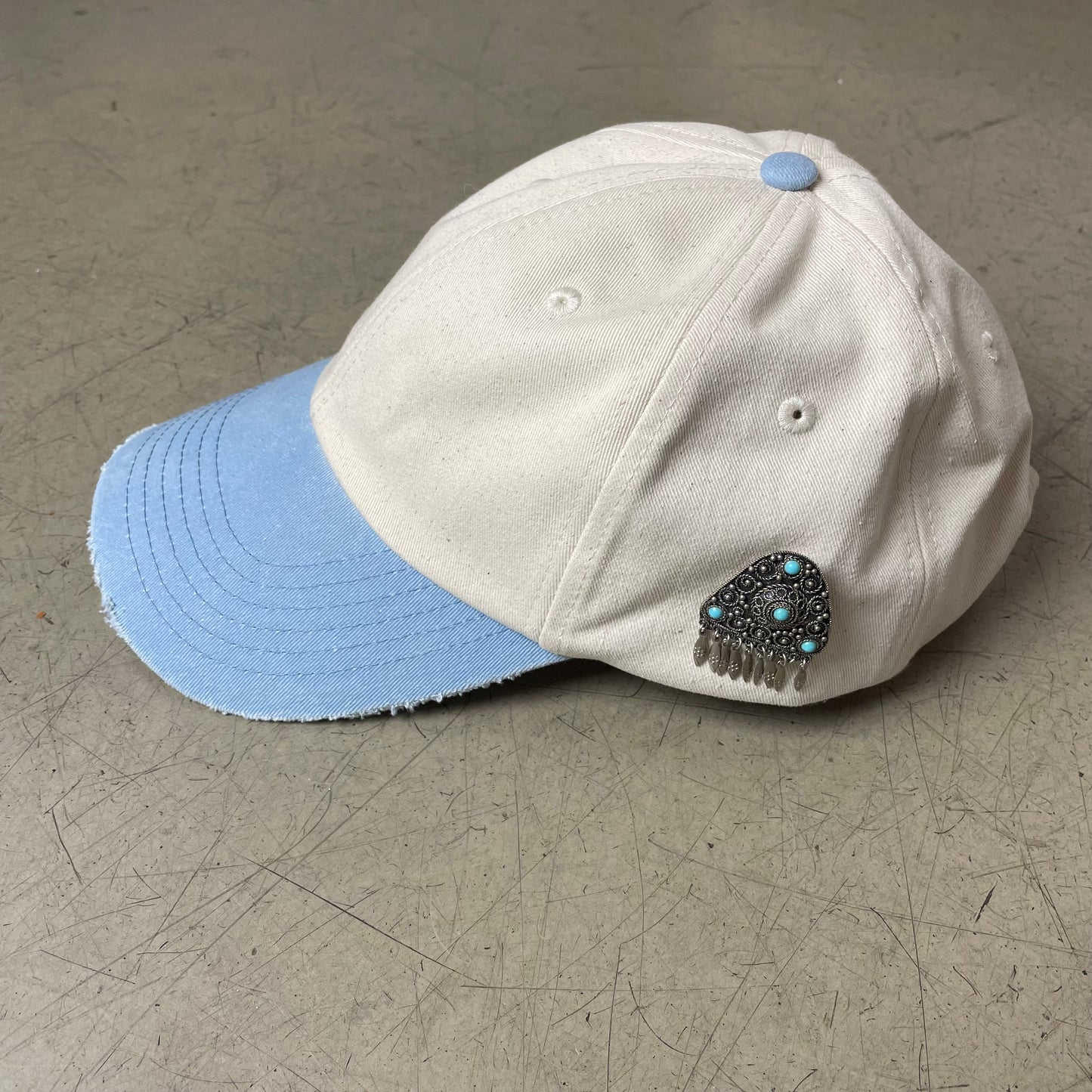 925 Sterling Silver Antik Vintage Pin Canvas Cap blue beige