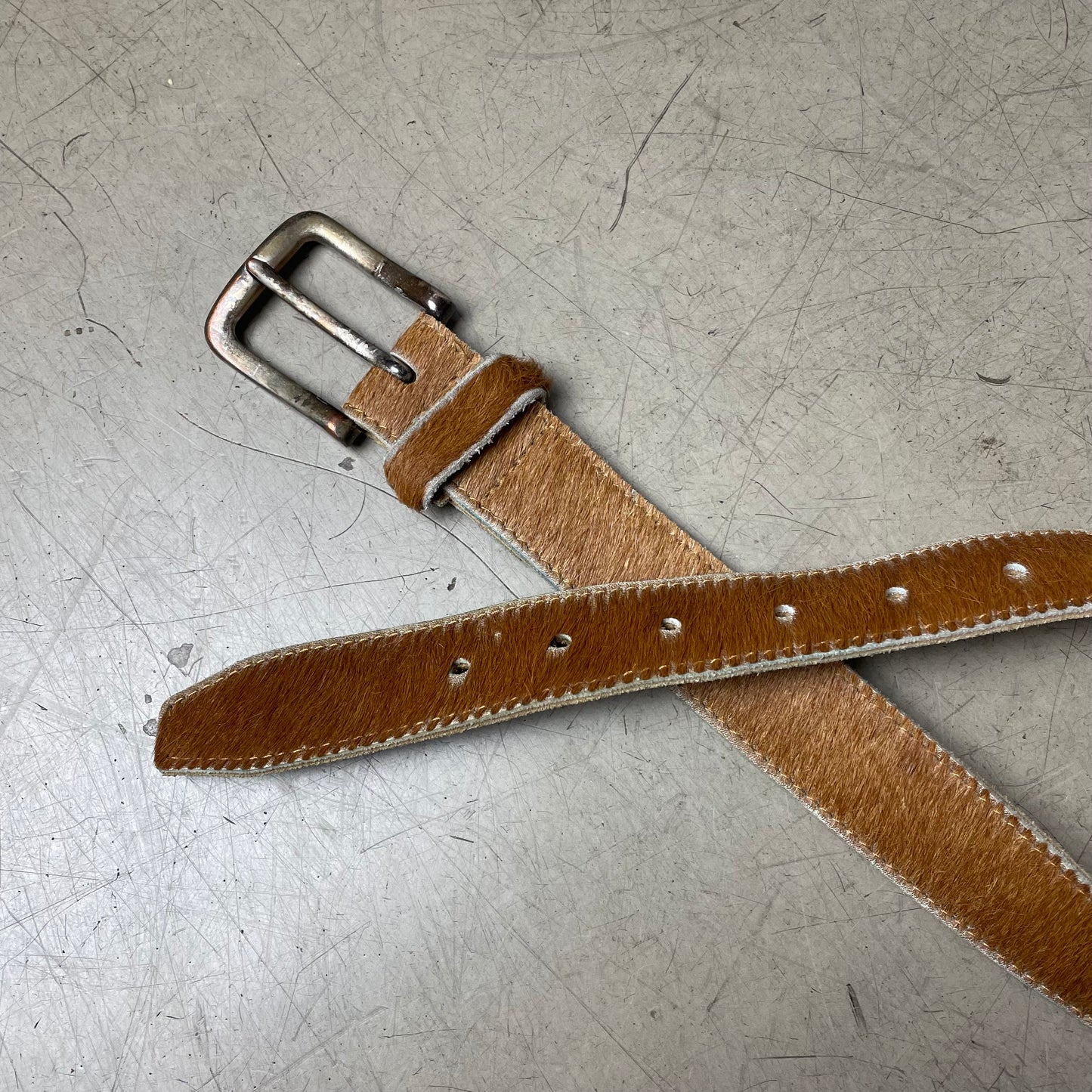 Vintage Cow Hide Kuhfell Ledergürtel beige braun 105cm