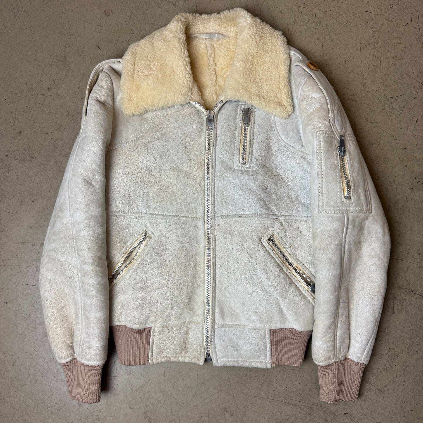 (S-M) 1970s Leder Piloten Flieger Bomberjacke hellgrau echte Schafswolle