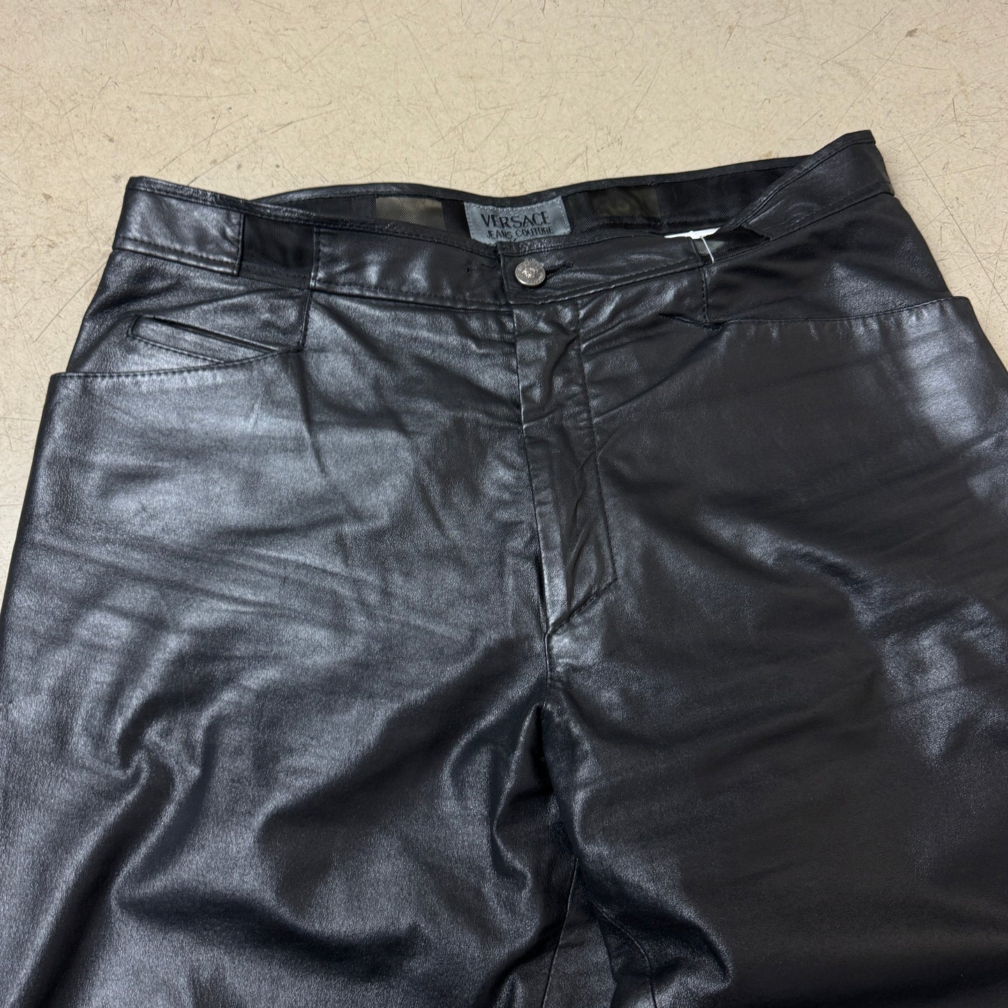 (L) 1990s Versace Leather Pants Straight Cut W38