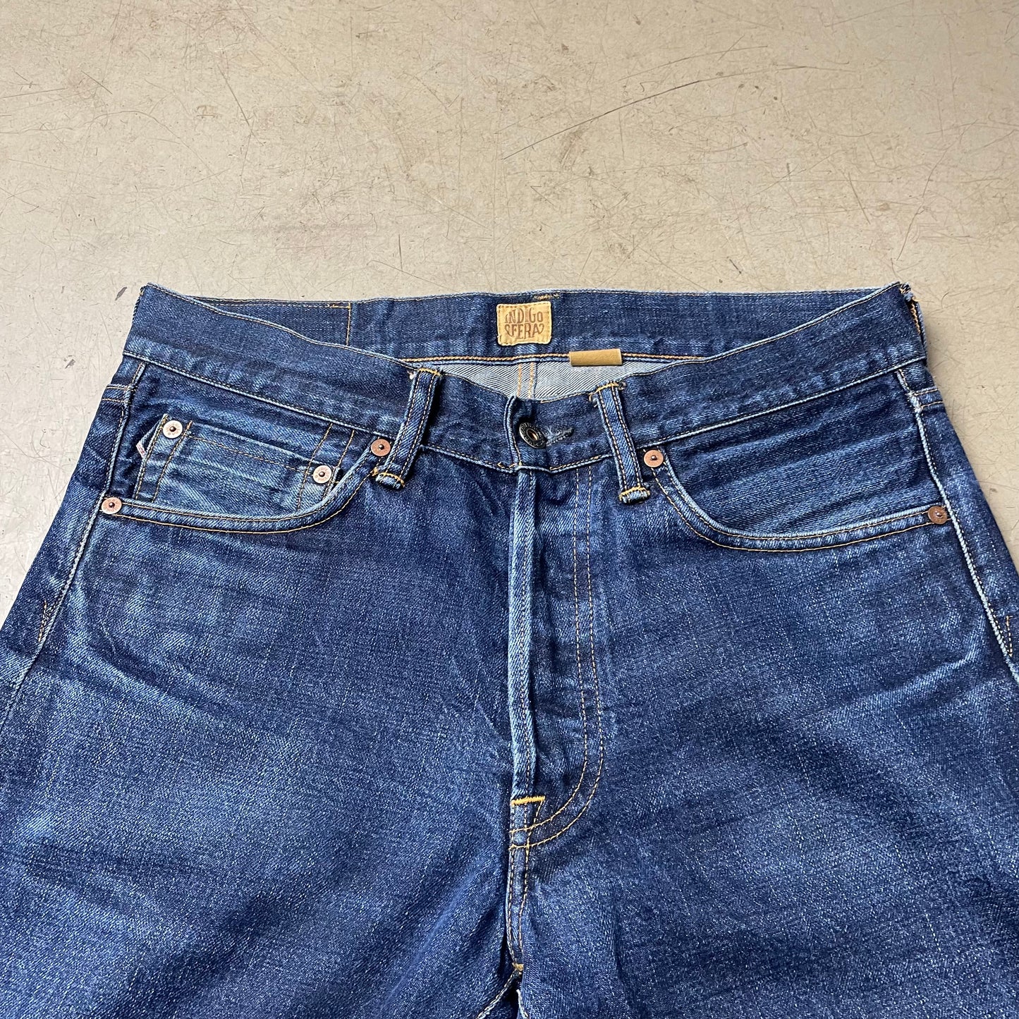 (M-L) Indigofera Clint Selvage Selvedge Denim Jeanshose blau W32/L32