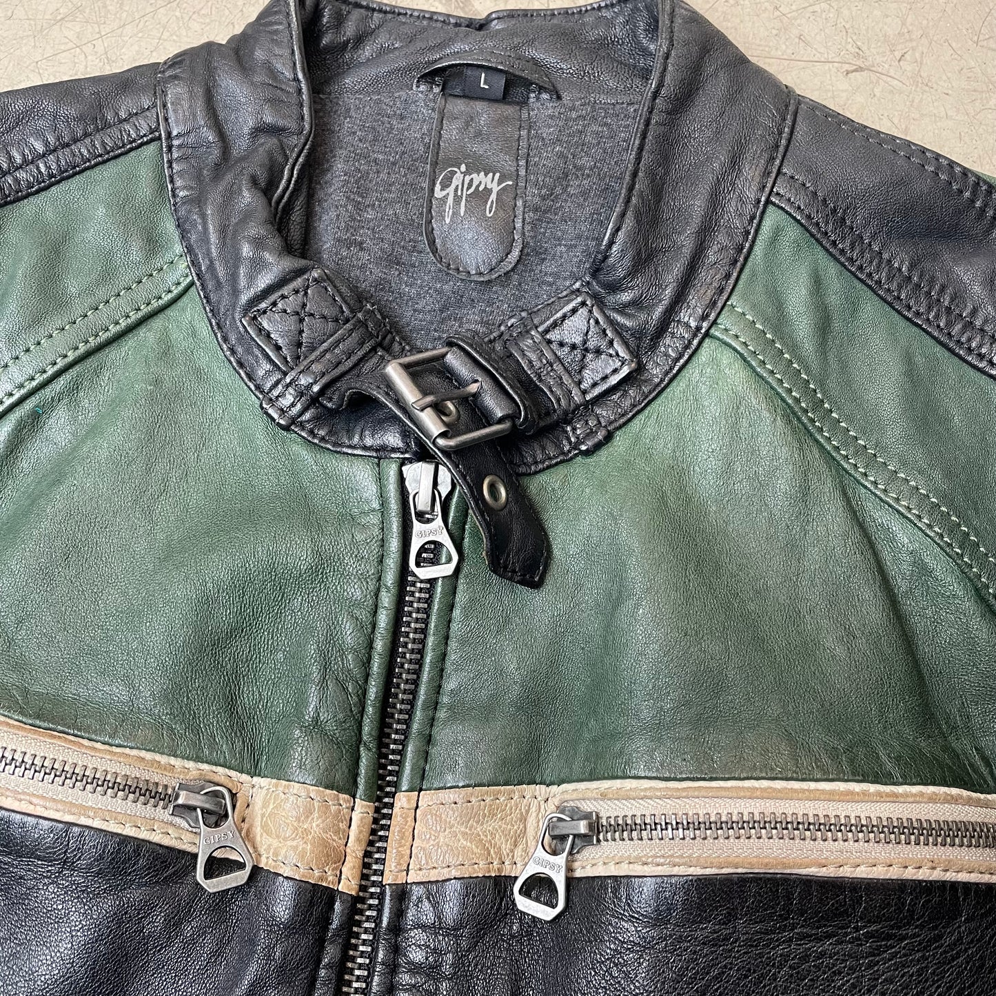(L) Gipsy Racing Lederjacke grün schwarz