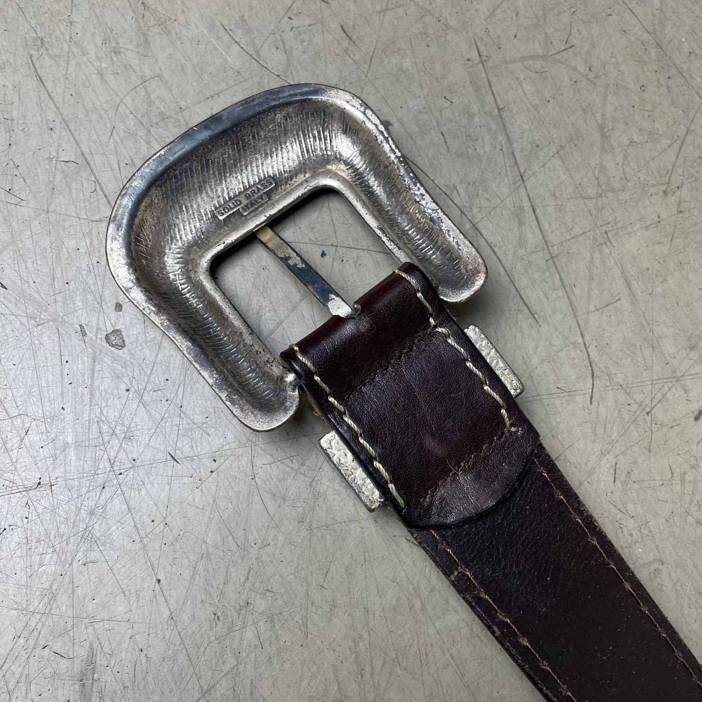Vintage Western Ledergürtel dunkelbraun Brass Schnalle 108cm