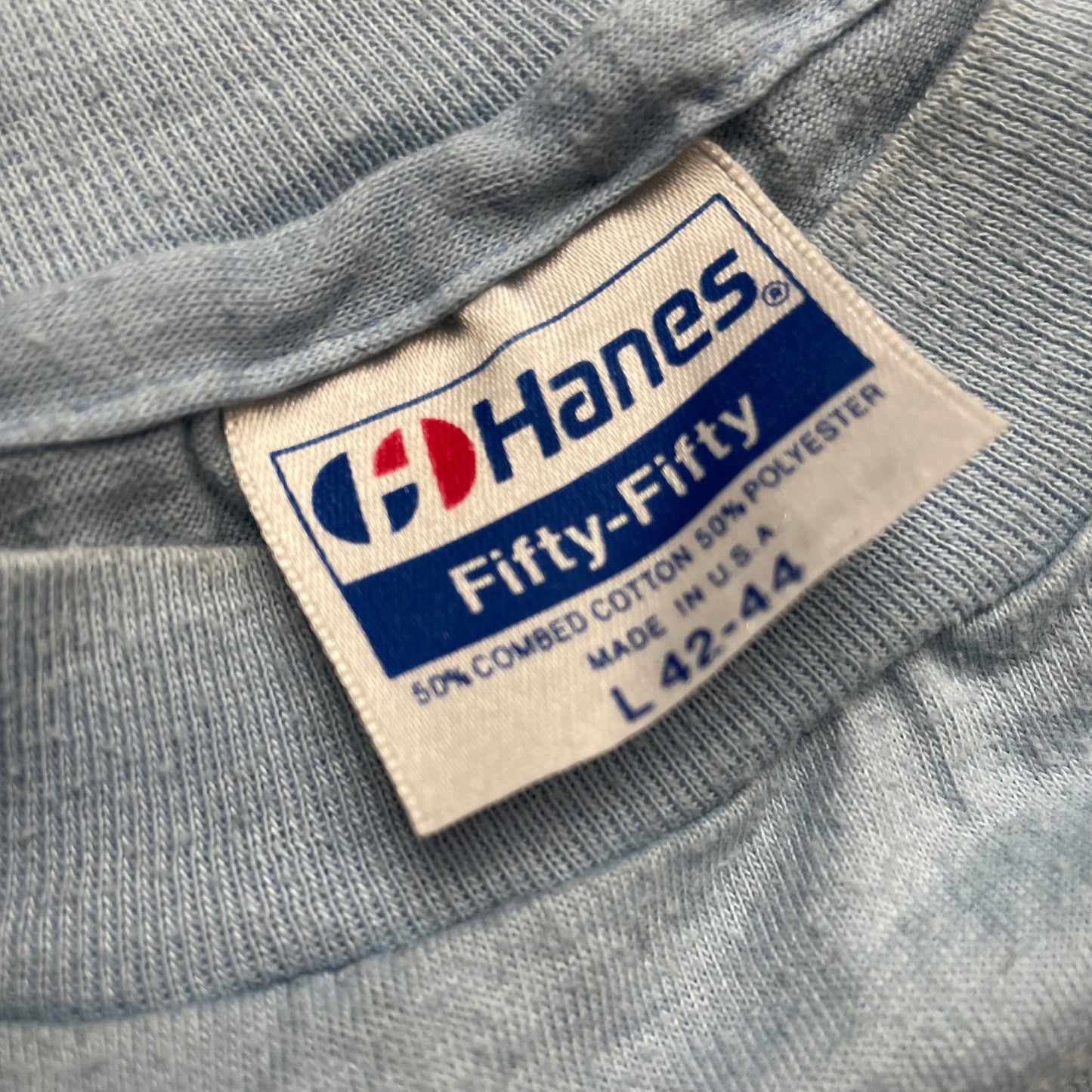 (M-L) 1980s Single Stitch Compri Hotel Souvenir Tshirt hellblau