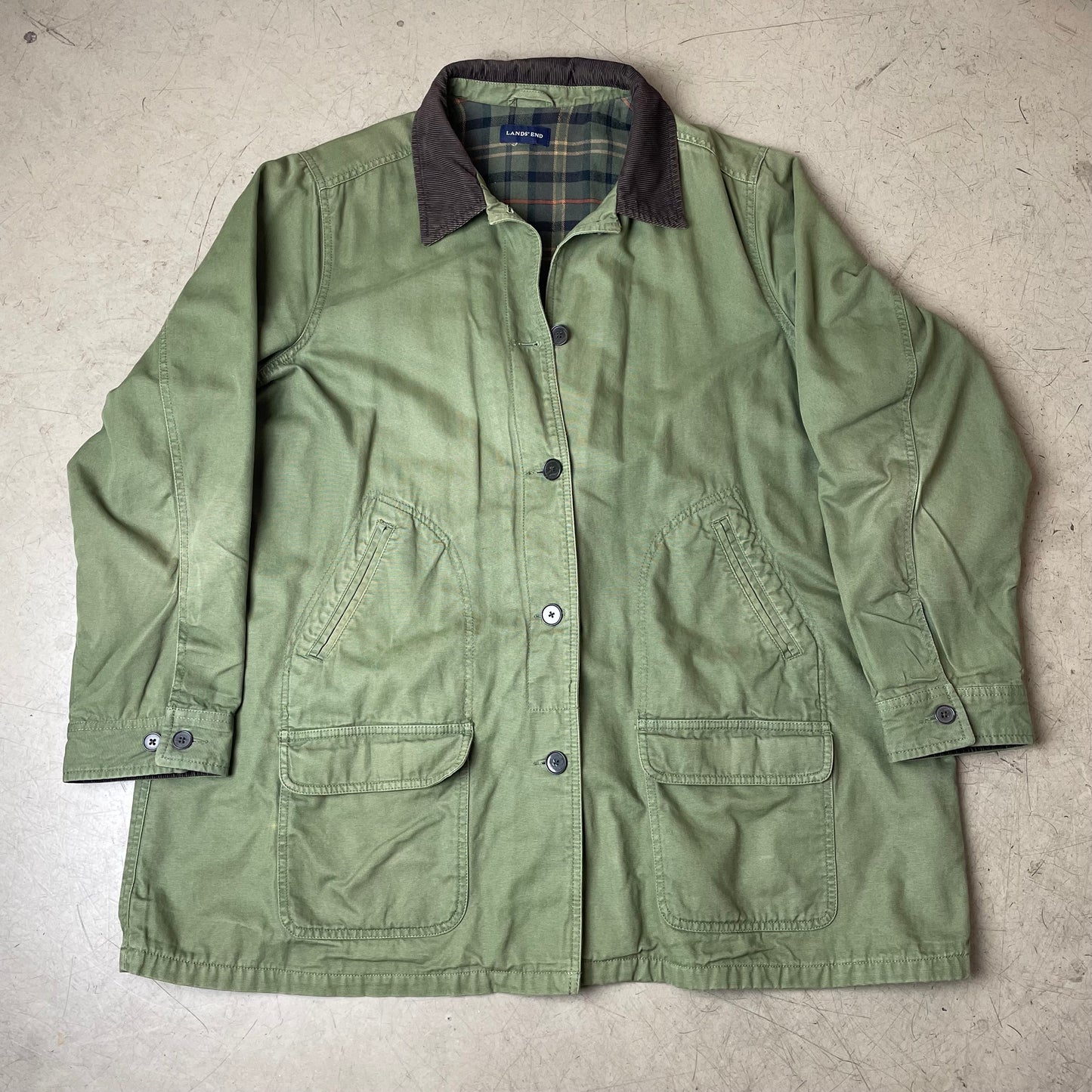 (XL) Lands End Cotton Mantel Jacke Olivgrün Cordkragen