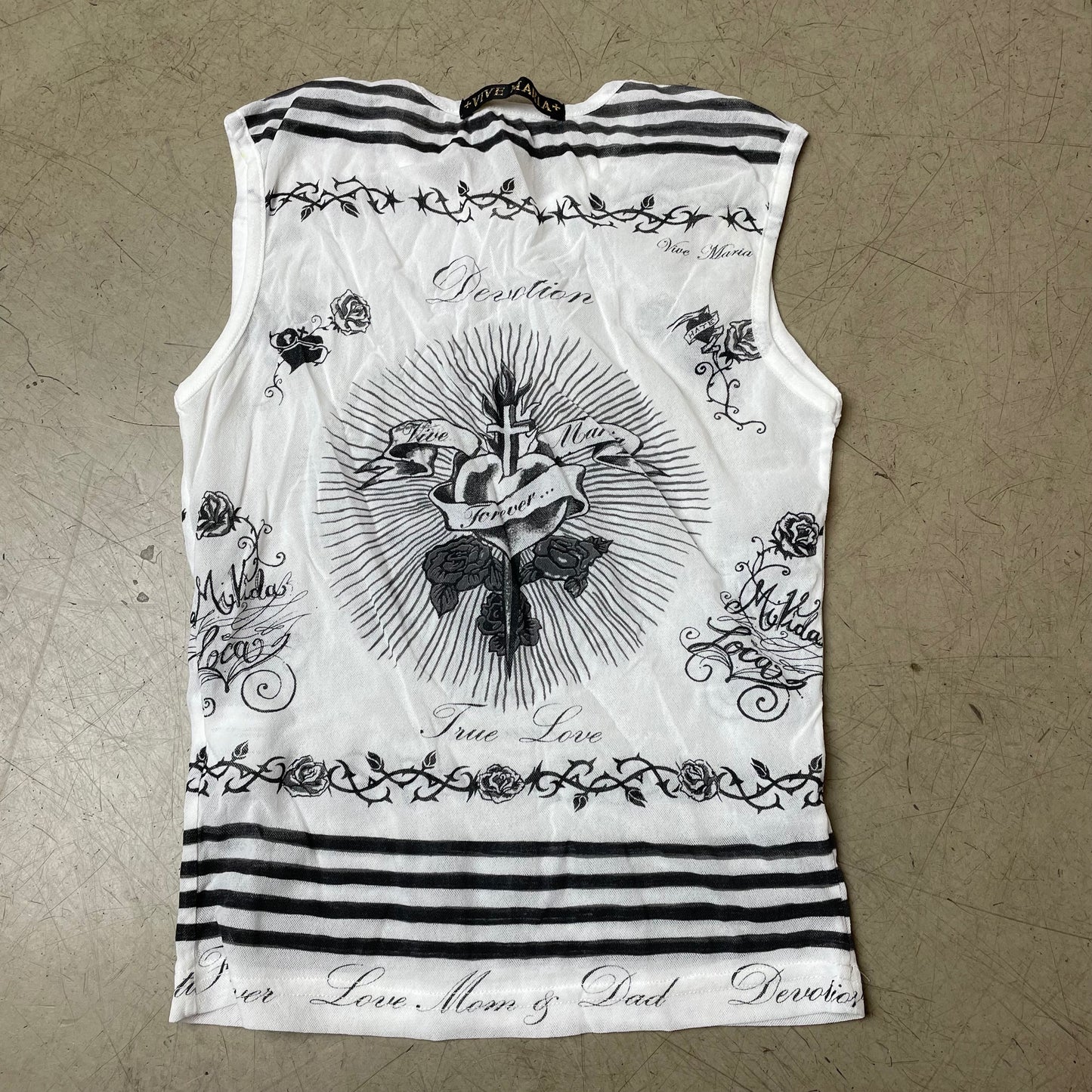 (S) 2000s Vive Maria Mesh Print Shirt Top „Heart & Dagger“ weiß schwarz