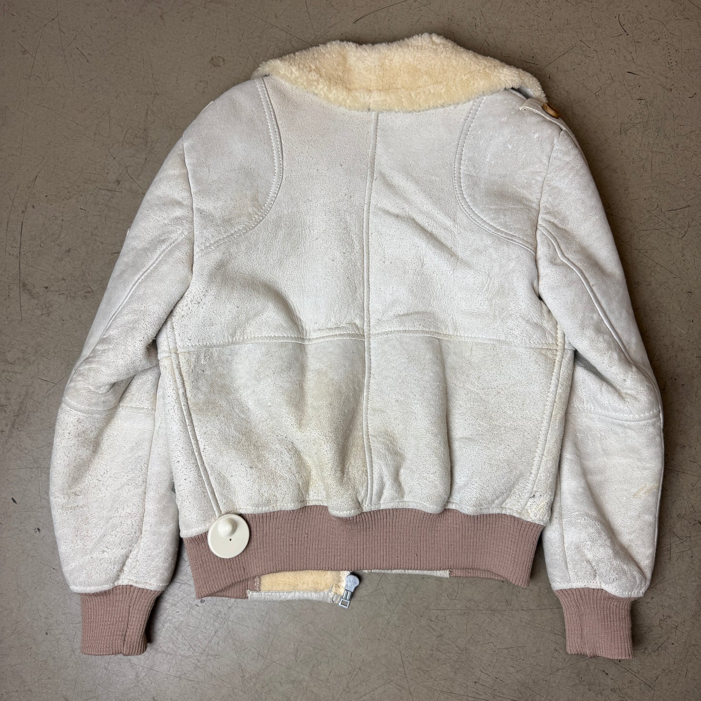 (S-M) 1970s Leder Piloten Flieger Bomberjacke hellgrau echte Schafswolle