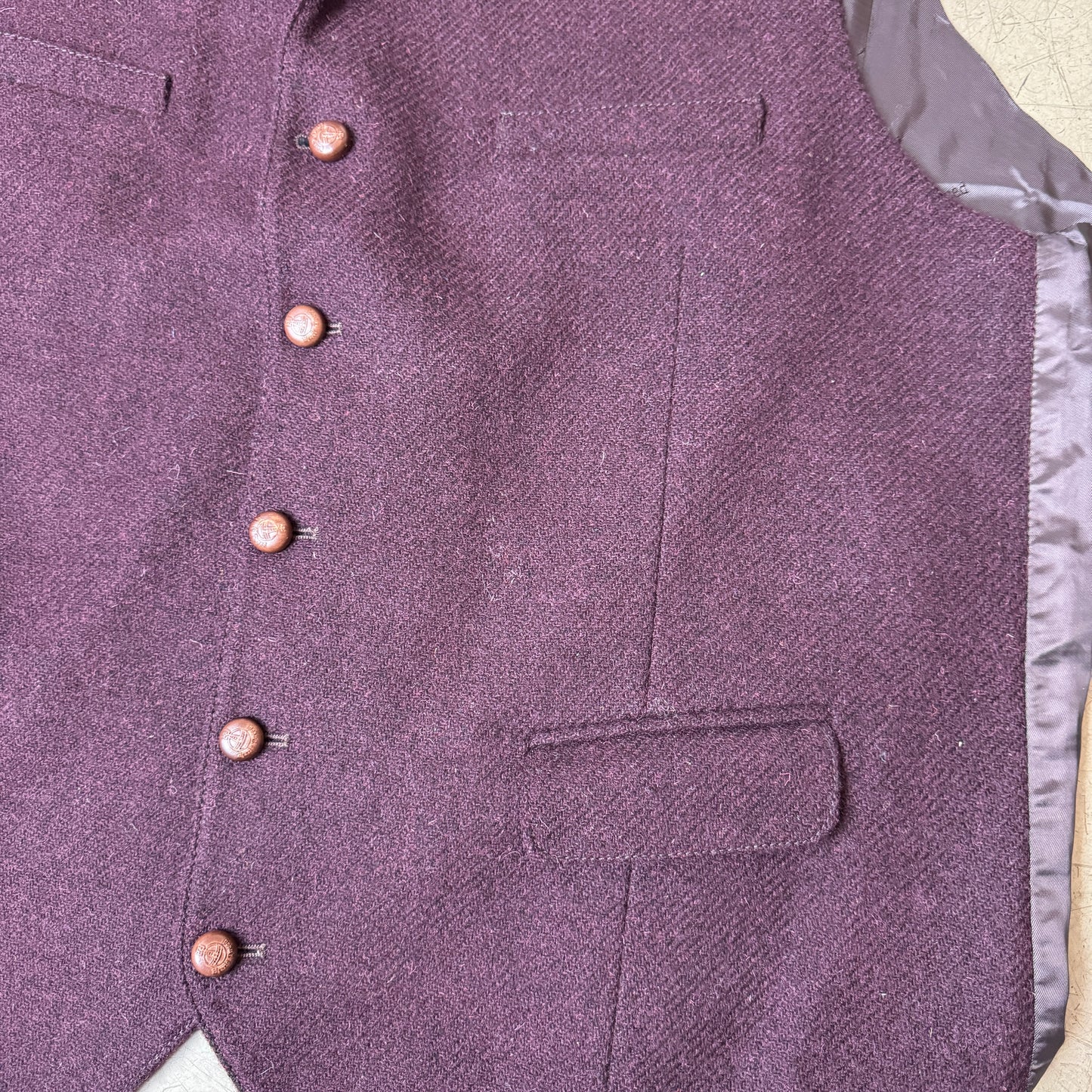 (L-XL) Carl Gross Harris Tweed Weste dunkelrot Burgundy Wolle EU58