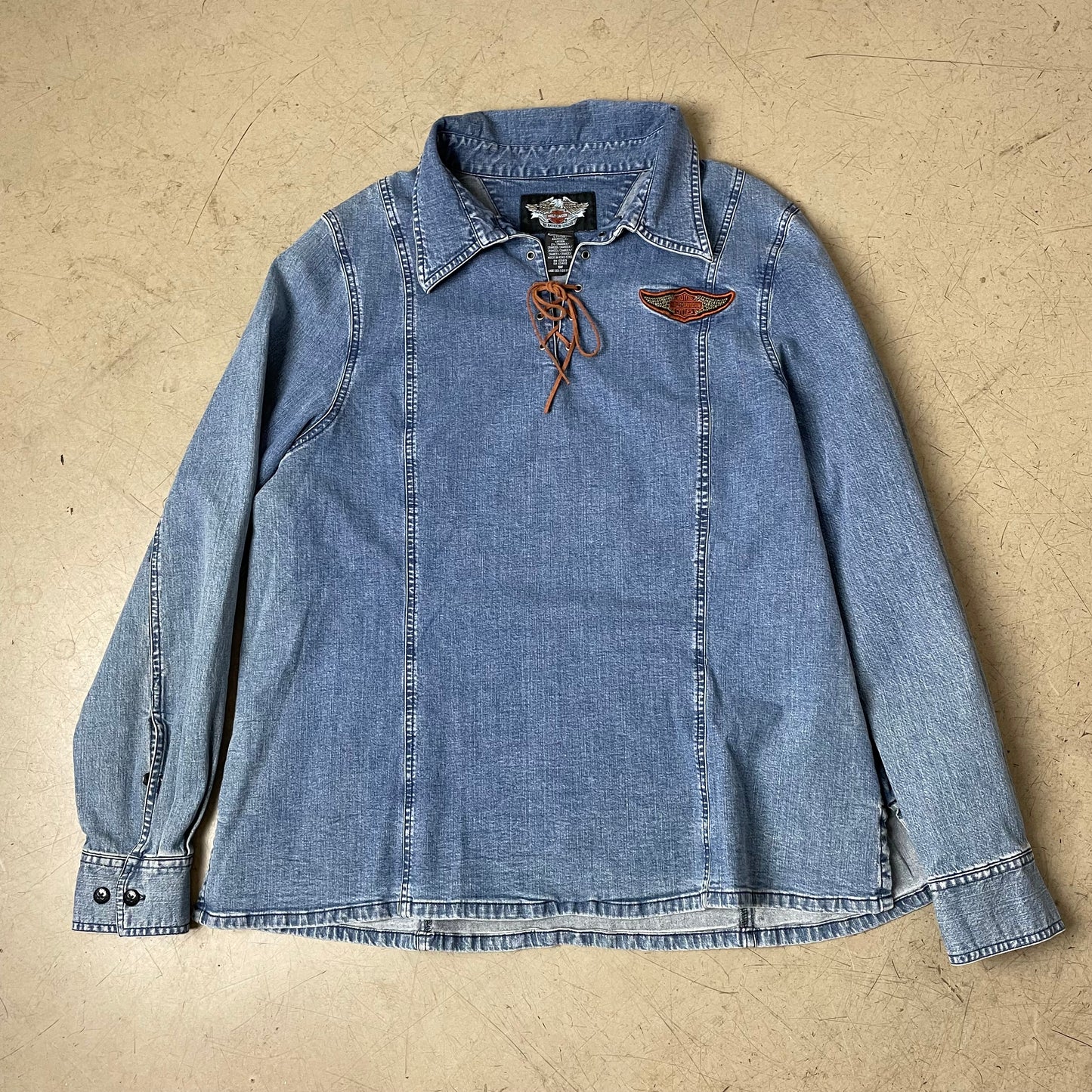 (L) WMN 1990s Harley Davidson Denim Hemd Jeans Shirt blau