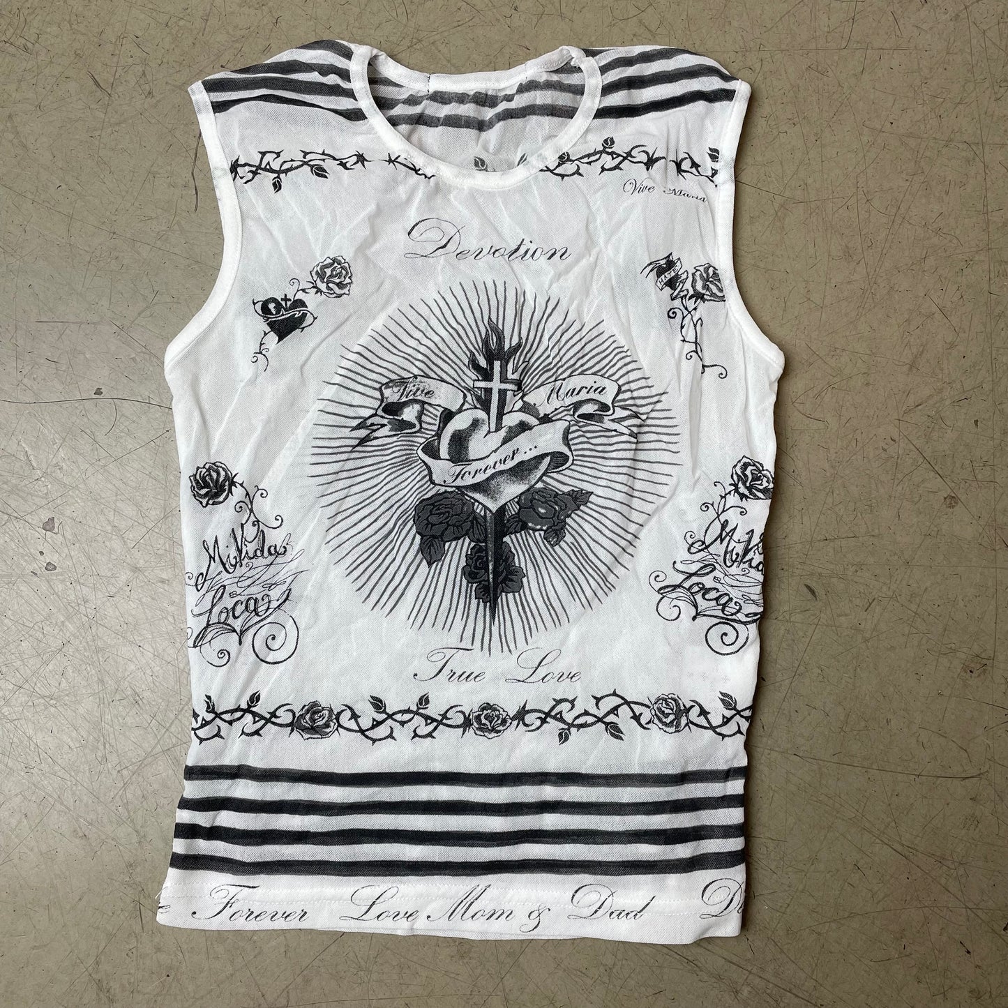 (S) 2000s Vive Maria Mesh Print Shirt Top „Heart & Dagger“ weiß schwarz