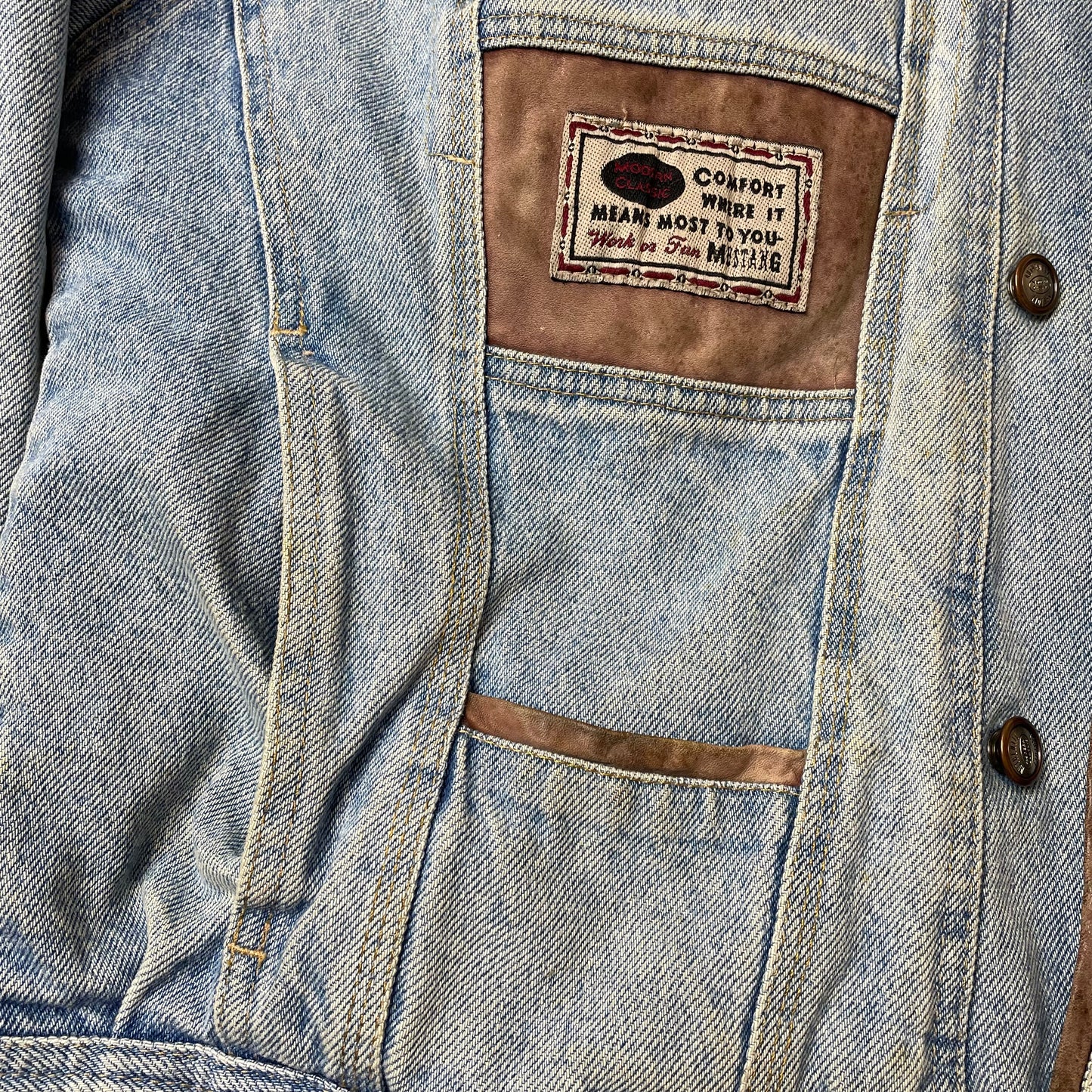 (M) 1980s Leder Jeansjacke hellblau braun