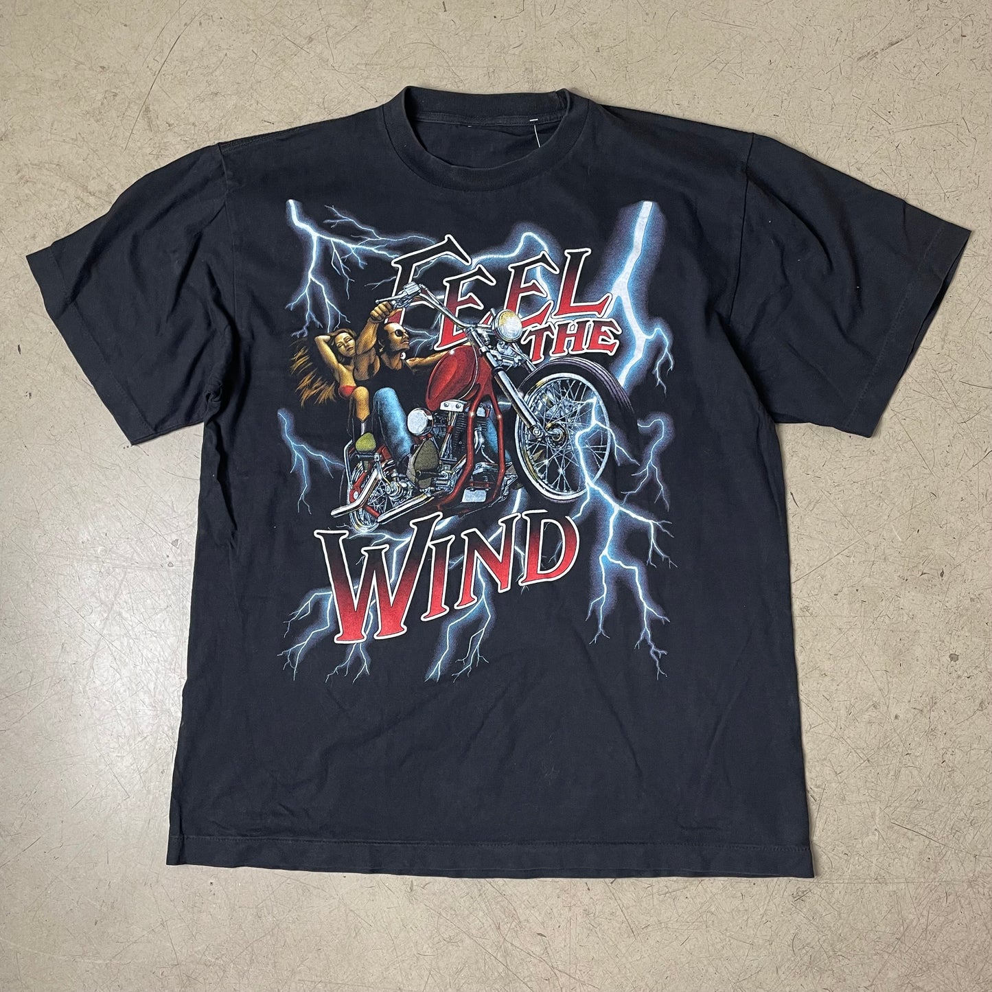 (XL) 1990s Biker „Feel the Wind“ Thunder Single Stich Tshirt schwarz
