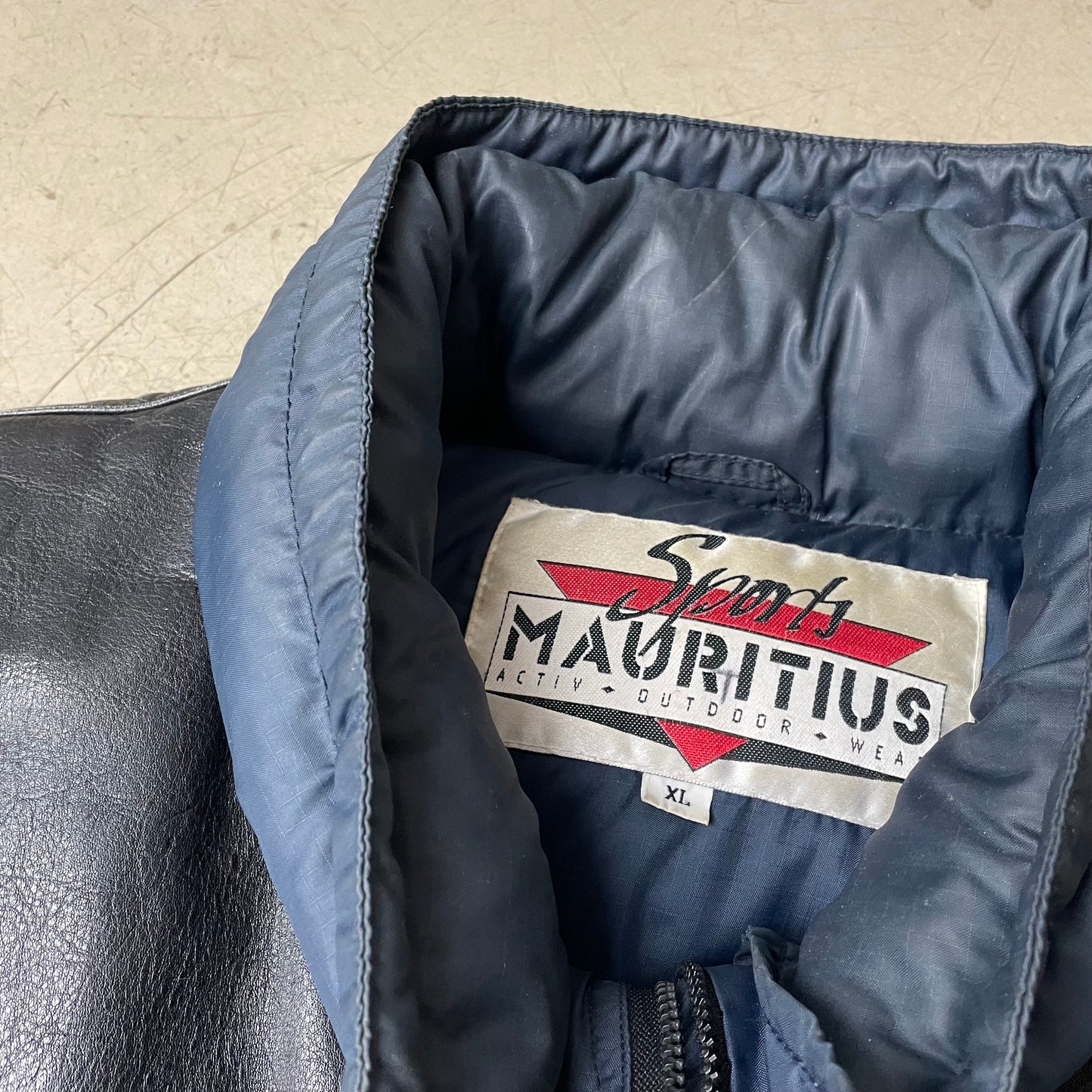 (XL) Vintage Mauritius Puffer Leder Daunenweste Navy blau schwarz