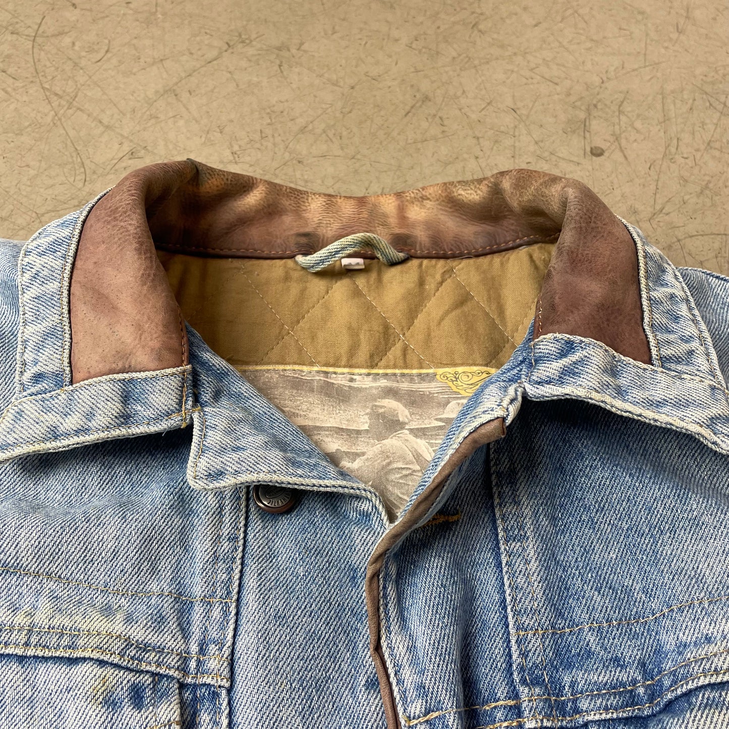 (M) 1980s Leder Jeansjacke hellblau braun