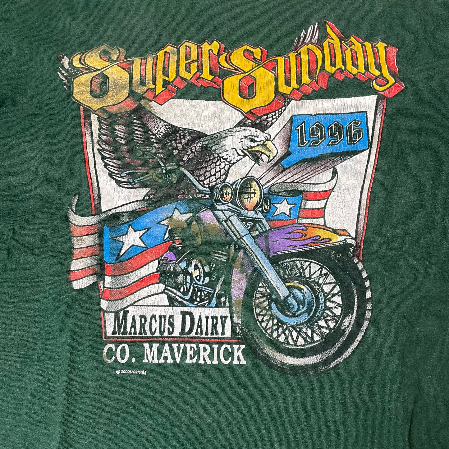 (L) 1996 Maverick Marcus Dairy Super Sunday Tshirt grün Single Stitch