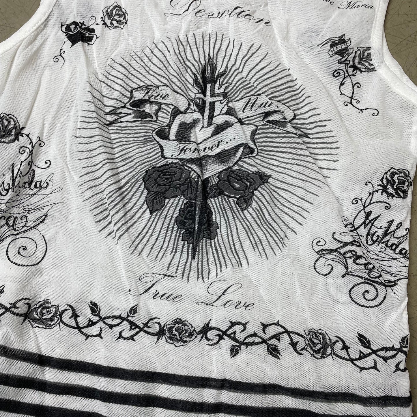 (S) 2000s Vive Maria Mesh Print Shirt Top „Heart & Dagger“ weiß schwarz