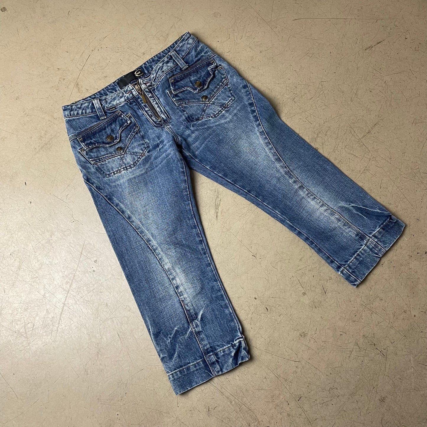 (S-M) 2000s Just Cavalli Low Waist 3/4 Jeanshose blau Cow Hide 26 40