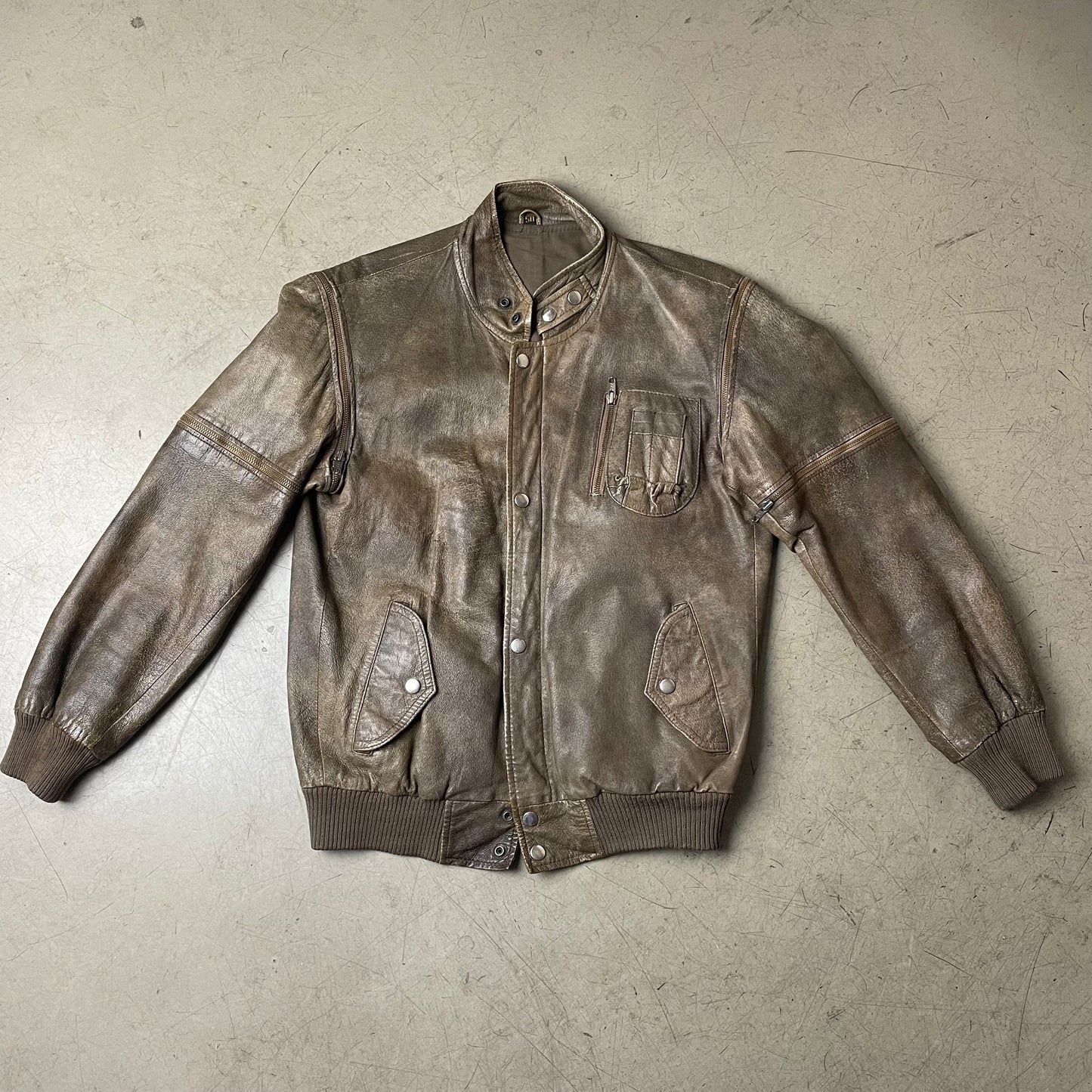 (M) Leder Zip Bomberjacke faded dunkelbraun